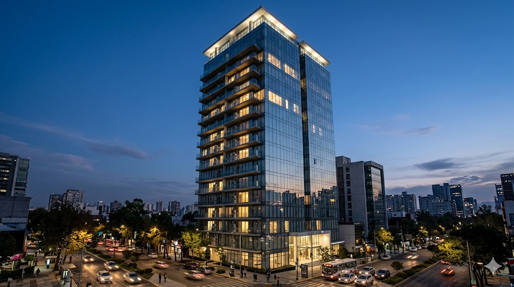 Torre residencial moderna en CDMX al atardecer con minisplits instalados