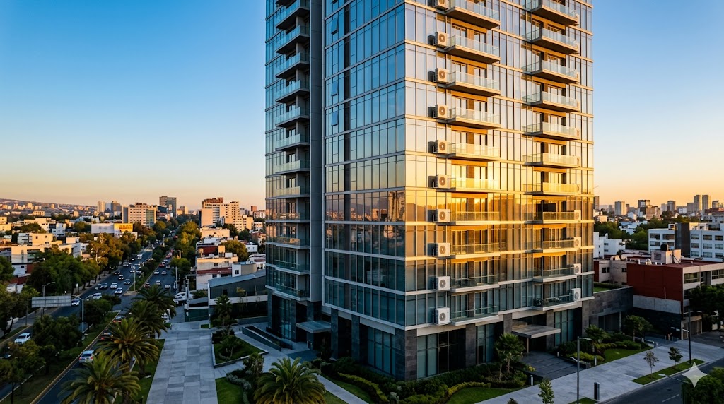 Torre residencial moderna en CDMX al atardecer